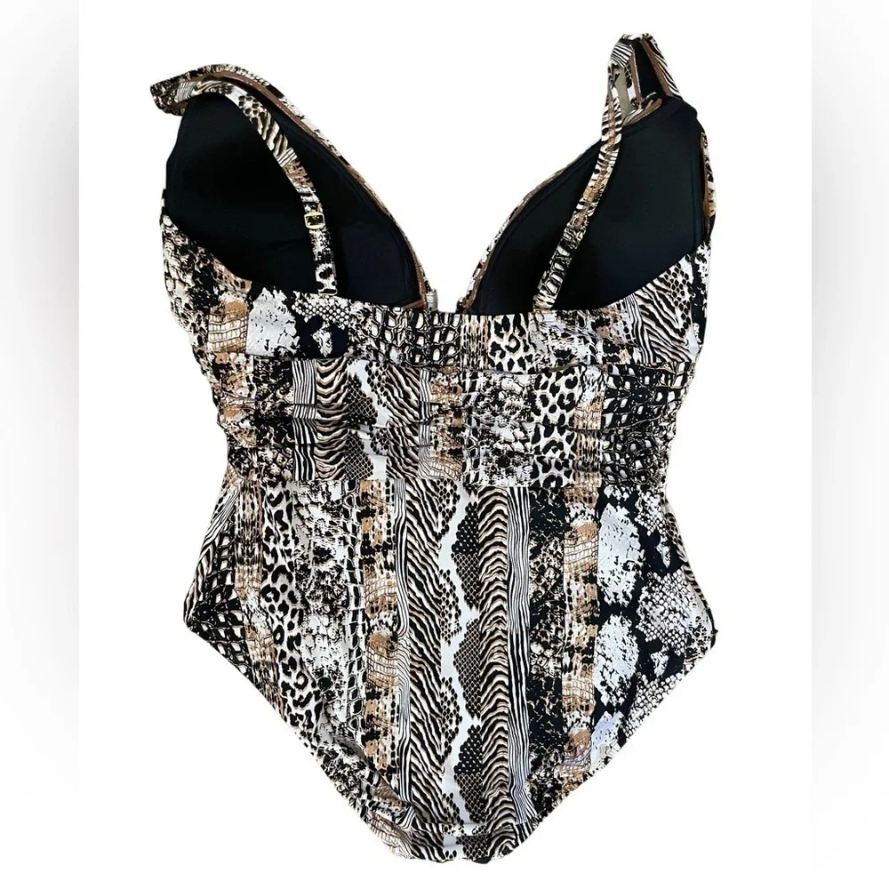 BLEU Rod Beattie Walk On The Wild Side One-Piece Plunge Halter Swimsuit Size 18W
